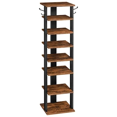 Afbeelding van HOOBRO Houten schoenenrek, groot smalle schoenenorganizer met 2 haken, dun verticale schoenentoren voor entree, woonkamer, hal,