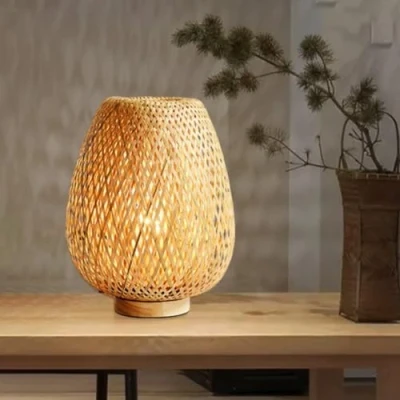 Afbeelding van GUANSHAN bamboe geweven tafellamp lampenkap Zen stijl tafelverlichting decoratieve nachtlampje voor slaapkamer woonkamer