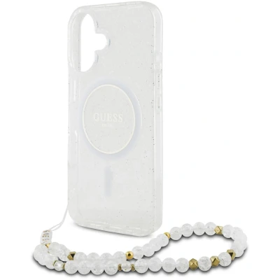 Afbeelding van Guess Hoesje Geschikt voor iPhone 16 Met Koord MagSafe IML Case with beads strap transparant