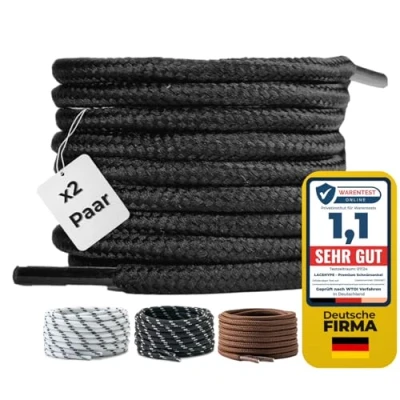 Afbeelding van LaceHype 2 paar ronde veters, diameter 4,5 mm, polyester, voor laarzen, werkschoenen, outdoor en sportschoenen, scheurbestendige zwart, 165 cm,