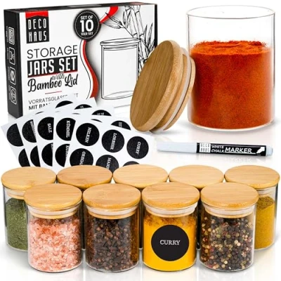 Afbeelding van Deco Haus Luchtdichte Voorraadpot met Bamboe Deksels, Set van 10 Potten voor Specerijen, Suiker, Koffie, Thee, Kruiden, Zout, Peper, Mengsels, 16 Etiketten, Stift, Diameter 6,5cm, Hoogte 8,5cm, 150ml