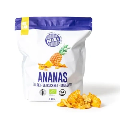 Afbeelding van PAKKA Bio Fair Trade ananas 1 kg, séché écologique et équitable, non sucré, soufré, directement fabriqué mis en bouteille par le producteur Colombie, végétalien, 1000 g (1 paquet)