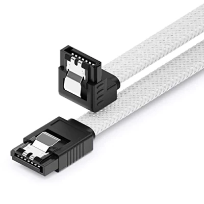 Afbeelding van deleyCON 60 cm SATA 3 nylon datakabels 6 Gbit/s III seriële ATA aansluitkabels voor moederbord en HDD SSD 1 L stekker S 90 gebogen, wit