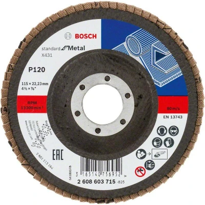 Image de BOSCH 2608603715 disque à lamelles X431 Standard pour métal, diamètre 115 mm, grain 120, type droit