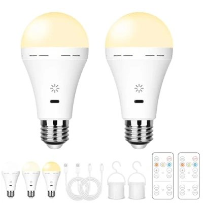 Afbeelding van Oplaadbare USB lamp met afstandsbediening, 3 kleurtemperaturen, E27 led, dimbaar, batterij, 7 W, touch control lampen timer, noodlamp haak, 2600 mAh, 2 stuks