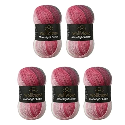 Afbeelding van Wollbiene Moonlight glitter Batik Simli Breiwol, 5 x 100 g, 500 20% wol metallic, kleurverloop, (5100 grijs, bessen, wit)