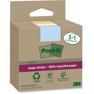 Afbeelding van Post it Super Sticky Notes Recycled, 70 vel, ft 76 x mm, assorti, 3 + 1 GRATIS memoblok