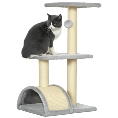 Afbeelding van PawHut Arbre à chat de 72 cm avec balles en peluche, troncs sisal, plate forme, griffoir plusieurs étages pour chats taille moyenne, gris clair