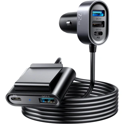 Afbeelding van Joyroom Autolader Oplader Snellader 3x USB A &amp; 2x C 72W (1.5m) [5x QC Fast Car Charger]