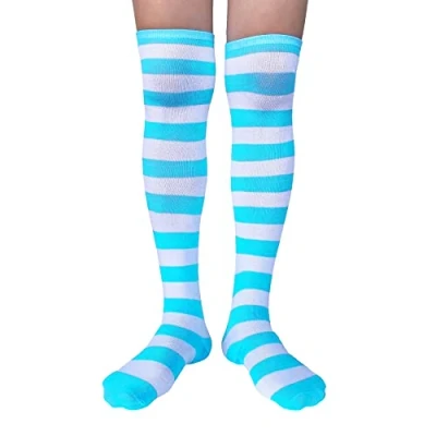 Afbeelding van AUSUAYA GB LW 3 Gestreepte katoenen kniekousen voor cosplay, gothic, kerstfeest, Witte en hemelsblauwe strepen