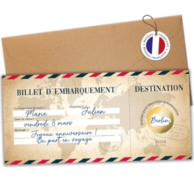 Afbeelding van aliceandberry Kraskaart voor verrassingsreis, personaliseerbare instapkaart om cadeau te geven, vliegtuigticket, verjaardag, reizen, verrassing, in het Frans, vintage model (1 kaart)