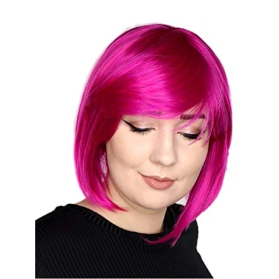 Afbeelding van Prettyland Vrouwelijke matte natuurlijke korte pruik vierkante pony bob vol volume hot pink roze C089