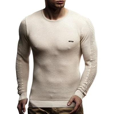 Afbeelding van Leif Nelson Heren fijn gebreide trui ronde hals slim fit winter zomer moderne wintertrui wollen lange mouwen Crew Neck LN1605, lichtbeige