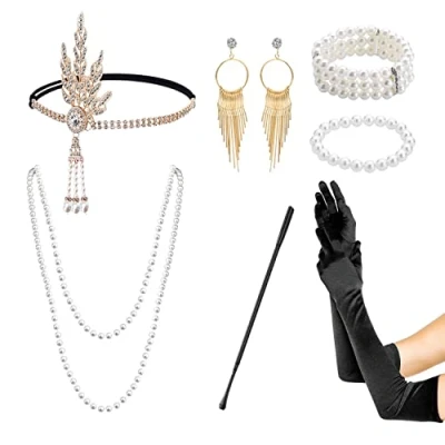 Afbeelding van PFLYPF 7 stuks jaren 20 Great Gatsby accessoires voor dames, gemaskerd feest, vrijgezellenfeest, bruiloft, vintage
