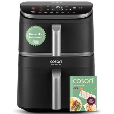 Afbeelding van COSORI Turbo Tower Pro Heteluchtfriteuse, 2 slaapkamers, 10,8 liter, DualBlaze, keramische coating, geen tefloncoating, zilver/zwart