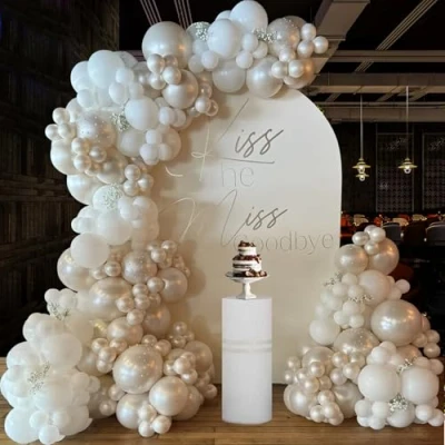 Afbeelding van Kit d&#039;arche de ballons blancs nacrés, guirlande beiges avec perles blanches, pour anniversaire, mariage bohème, fiançailles, fête prénatale, décoration d&#039;anniversaire