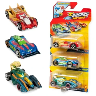 Afbeelding van T RACERS Mix &#039;N Race Verzamelauto&#039;s, set van 3 auto&#039;s in twee delen afneembaar en met verwisselbare onderdelen, 4 stuks