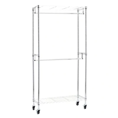 Afbeelding van Amazon Basics Kledingstang dubbel open met wielen en in hoogte verstelbare planken, maximaal gewicht 181 kg, chroom, 91 cm x 35,5 183 (l b h)