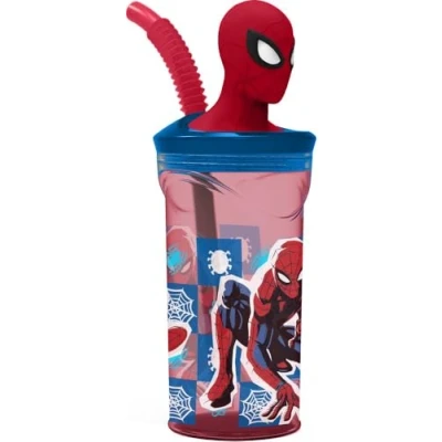 Afbeelding van Marvel Blauw en rood glas voor kinderen, kunststof, Spiderman, spin, 360 ml, met rietje 3D figuur van het personage