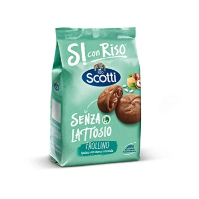 Afbeelding van Riso Scotti Senza Lattosio Frollino ripieno con crema di nocciole gezandstraalde koekjes, gevuld met hazelnootcrème, lactosevrij, zonder palmolie en melkproteïne, 200 g koekjes