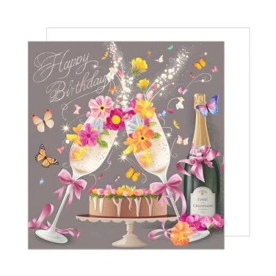 Afbeelding van Editions Seidel GQ187 SW024 Vierkante verjaardagskaart met envelop, Happy Birthday wenskaart, ticket, voor vrouwen, vriendin, champagnefluiten, vlinder (GQ287 SW024)
