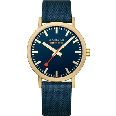 Afbeelding van Mondaine Herenhorloge analoog kwarts met textielarmband A660.30360.40SBQ blauw goud, blauw/goud, riemen