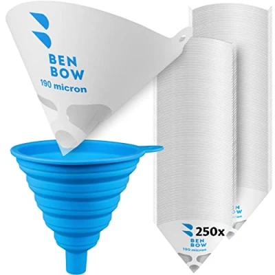 Afbeelding van BenBow Verfzeef wegwerppapieren filter met nylonweefsel en praktische siliconen trechter voor het filteren van verf lak onzuiverheden (190 µ) (250)