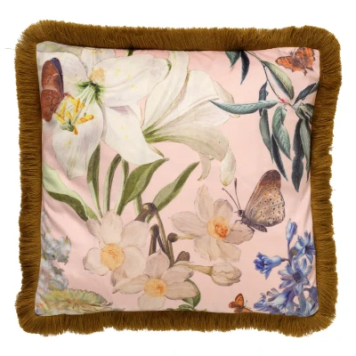 Afbeelding van Dutch Decor HANNA Sierkussen velvet 45x45 cm Dusty Pink roze bloemen vlinders franjes