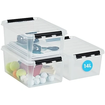 Afbeelding van SmartStore Opbergdozen met deksel, 14 liter, versterkt, transparant, geschikt voor levensmiddelen, clipsluiting, stapelbaar, BPA vrij, kunststof, 40 x 30 18 cm (l h), 3 stuks