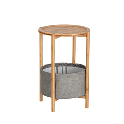 Afbeelding van Bijzettafel BAHARI, bamboe, met stoffen opbergmand, rond, WENKO