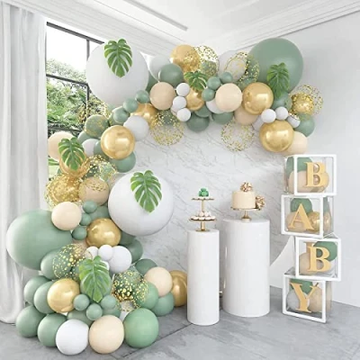 Afbeelding van Ballonboog voor verjaardag, olijfgroen, 128 stuks, saliegroen, slinger, ballonnen, confetti, goud, wit, groen, retro, verjaardagsfeest, jongens, babyshow, jungle themafeest, safari, bruiloft,
