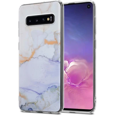 Afbeelding van Cadorabo Hoesje geschikt voor Samsung Galaxy S10 4G in Wit Paars Goud Marmer GM 09 Beschermhoes gemaakt van TPU siliconen Case Cover met mozaïek motief
