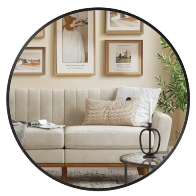 Afbeelding van SONGMICS Wandspiegel, spiegel rond, Ø 50 cm badkamerspiegel, metalen frame, eenvoudige montage, modern, voor badkamer, woonkamer, slaapkamer, hal, entree, inktzwart