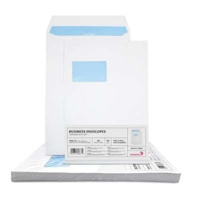 Afbeelding van Netuno 50 enveloppen DIN C4 wit 229 x 324 mm 90 g met venster links plakvenster grote A4