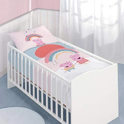 Afbeelding van Peppa Pig Rainbow Babybeddengoed, 100% katoenflanel, Oeko Tex, dekbedovertrek 100 x 135 cm + 1 kussensloop 40 60 cm, omkeerbare print, roze, wit, blauw