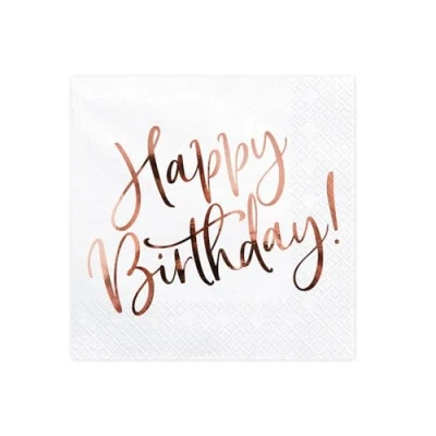 Afbeelding van Partydeco Servetten Happy birthday wit rose gold (20 stuks)
