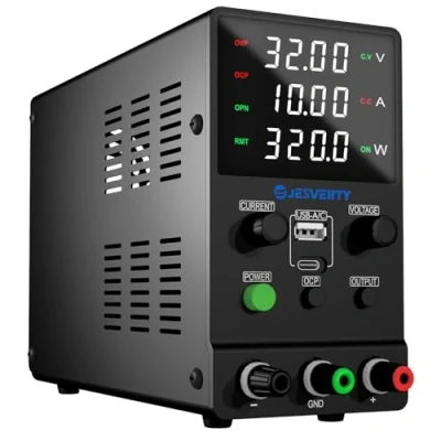 Afbeelding van Variabele DC voeding, 0 30 V, 10 A, instelbare schakeling, geregelde voeding met USB en type C snel opladen, encoderknop, aan/uit schakelaar, 4 cijferig led display