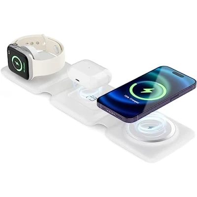 Afbeelding van Tiergrade 3 in 1 draadloze oplader voor meerdere Apple apparaten, magnetisch oplaadstation, opvouwbaar laadstation, reisoplader iPhone 15/14/13, AirPods 3/2/Pro/Pro2, iWatch (adapter