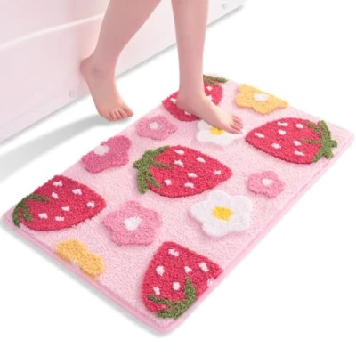 Afbeelding van QJHOMO Badmat, aardbeienroze, antislip, wasbaar, meerkleurig, zachte microvezel, absorberend, 45 x 65 cm