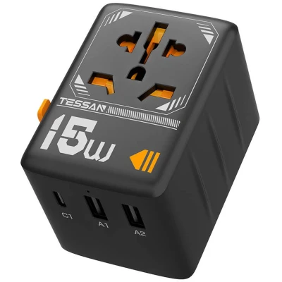 Afbeelding van Tessan Wereldstekker Reisstekker Travel Adapter met Type C en USB Zwart