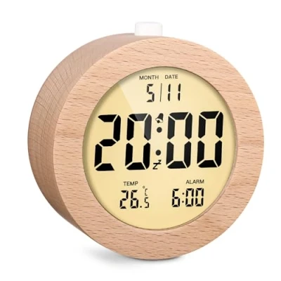 Afbeelding van Yulado Nachtkastwekker, digitale tafelklok, houten lcd ronde wekker, met datum, temperatuur, achtergrondverlichting en snooze functie, wekker op batterijen