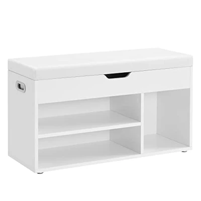 Afbeelding van VASAGLE LHS30W Gevoerde schoenenbank, opbergbank, 3 vakken, verborgen opslag, planken, voor woonkamer, entree, slaapkamer, draagvermogen 150 kg, wolkenwit