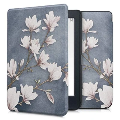 Afbeelding van kwmobile E reader hoesje geschikt voor Kobo Nia hoes flip case met magnetische sluiting Ereader cover Magnolia design in taupe / wit blauwgrijs