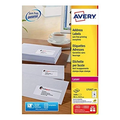 Afbeelding van Avery L7162, Adresetiketten, Laser, Ultragrip, wit, 100 vellen, 16 per vel, 99,1 x 33,9 mm etiket
