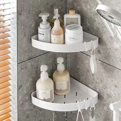 Afbeelding van Toski Set van 2 douchehoekplanken om op te hangen zonder boren, wit, met 4 haken, voor keuken en badkamer