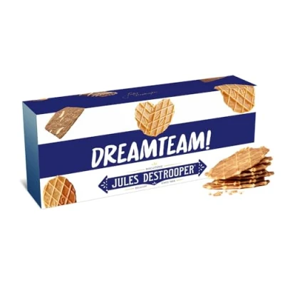 Afbeelding van Jules Destrooper Natuurboterwafels met opschrift &quot;Dreamteam!&quot; 2 dozen Belgische koekjes 100g x