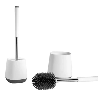 Afbeelding van Toiletborstel met drainagehouder, borstelkop van zachte siliconen, anti verstopping en druppelvrij, kleur wit/grijs roestvrijstalen handgreep, 1 stuk