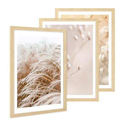Afbeelding van PHOTOLINI Set van 3 A2 fotolijsten 42 x 59,4 cm natuurlijk MDF hout, brede lijst, modern, onbreekbaar acrylglas om op te hangen, extra accessoires voor je stijlvolle wanddecoratie