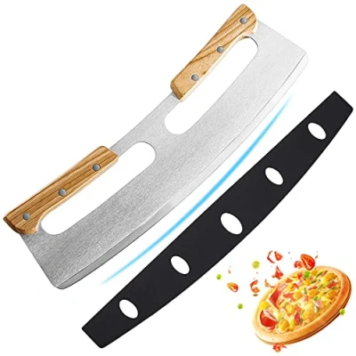 Afbeelding van weegmes, pizzasnijder, roestvrijstalen 35 cm met houten handvat, beschermhoes, snel en gelijkmatig snijden, professionele pizzasnijder
