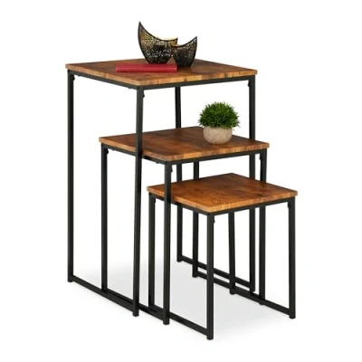 Afbeelding van Relaxdays bijzettafel industrieel set van 3 mimiset vierkante salontafel binnen B